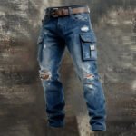 Men's Retro Washed Denim Outdoor Cargo Pants with  Multiple Durable and Tear-Resistant Pockets