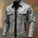 Men'S Vintage Soft Leather Patchwork Contrast Color Long Sleeve Shirt