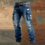 Men's Retro Washed Denim Outdoor Cargo Pants with  Multiple Durable and Tear-Resistant Pockets - Image 2