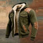 Men's Retro Corduroy and Leather Patchwork Multi-Pocket  Fleece-Lined Outdoor Jacket