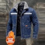 Men's Retro Distressed Denim Fleece-Lined Warm Multi-Pocket  Outdoor Jacket Coat