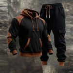 Men's Retro Stitching Contrast Color Hooded Casual Sweatshirt Suit