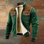 Men's Retro Suede Patchwork Fleece Lined Warm Outdoor  Zip-Up Jacket